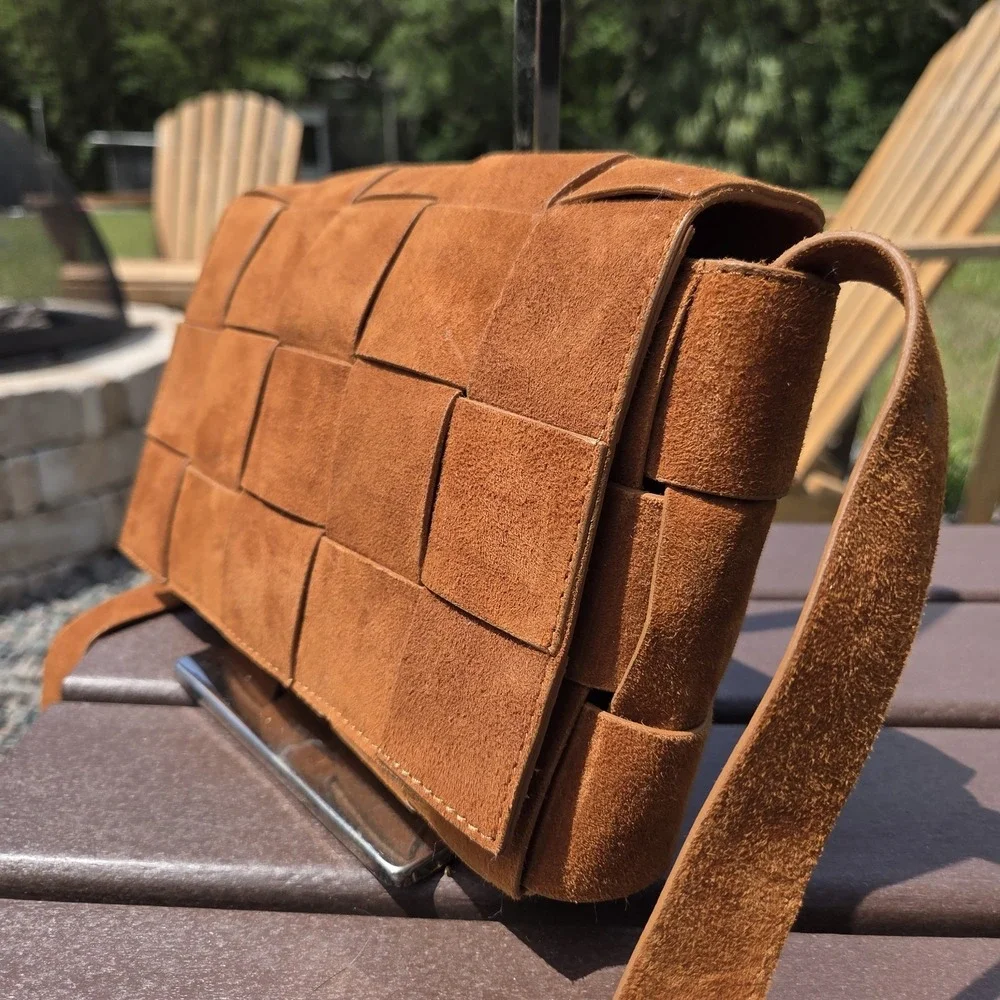 FURNIQ Hoxton‎ Camel Brown Woven Suede Handbag Crossbody MSRP $350